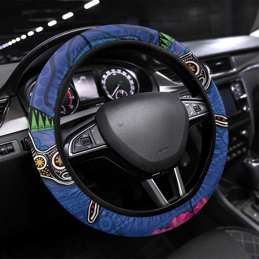 Fiji and Australia Together Steering Wheel Cover Aboriginal Kangaroo and Tapa Tribal Hibiscus