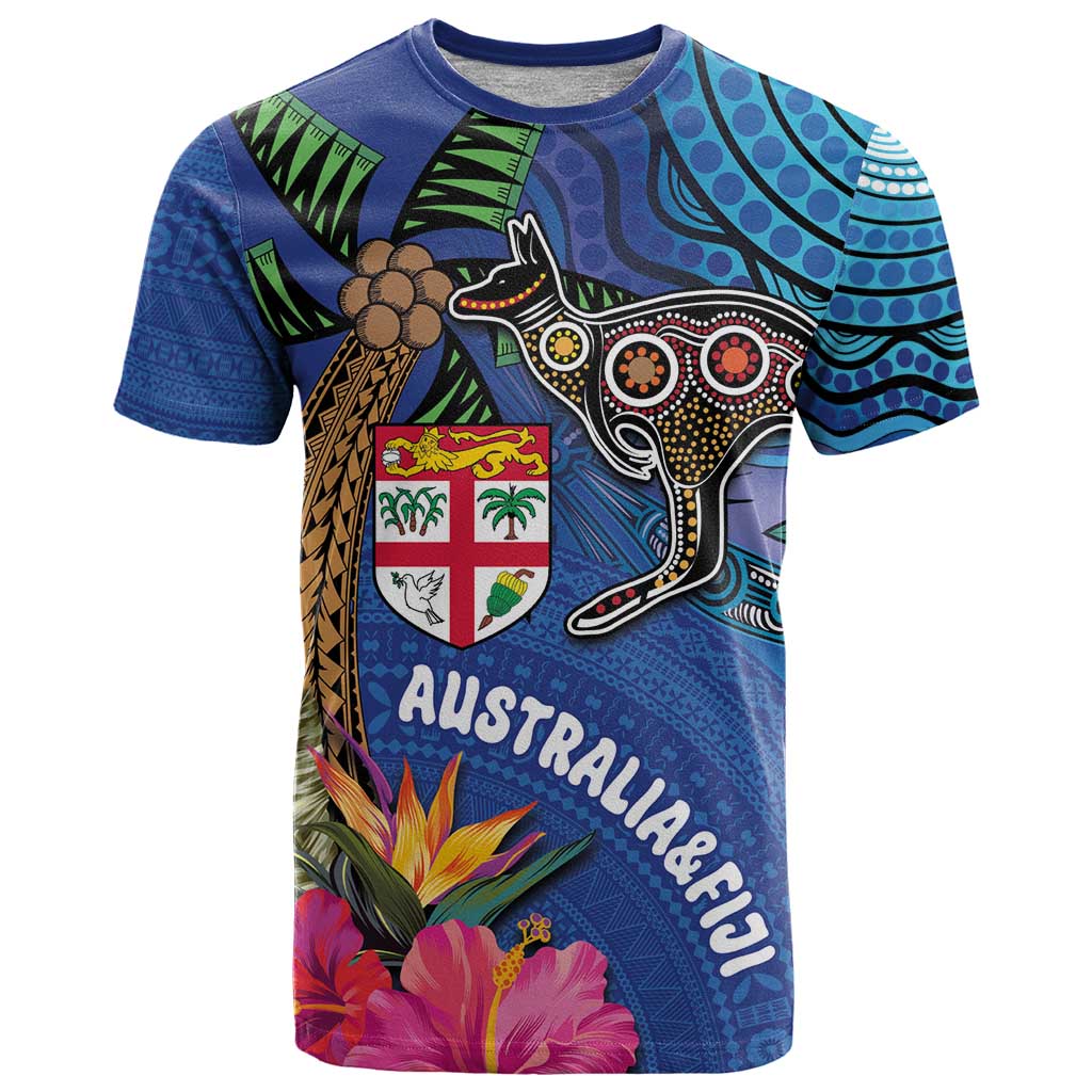 Fiji and Australia Together T Shirt Aboriginal Kangaroo and Tapa Tribal Hibiscus