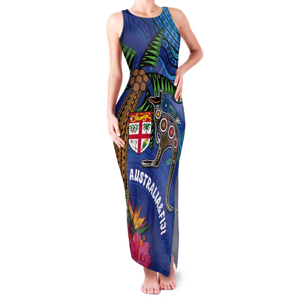 Fiji and Australia Together Tank Maxi Dress Aboriginal Kangaroo and Tapa Tribal Hibiscus