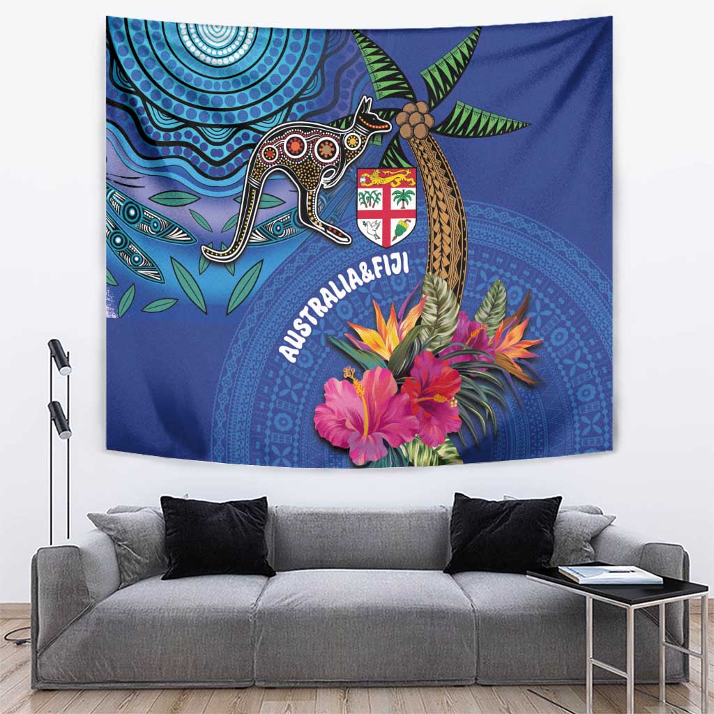 Fiji and Australia Together Tapestry Aboriginal Kangaroo and Tapa Tribal Hibiscus