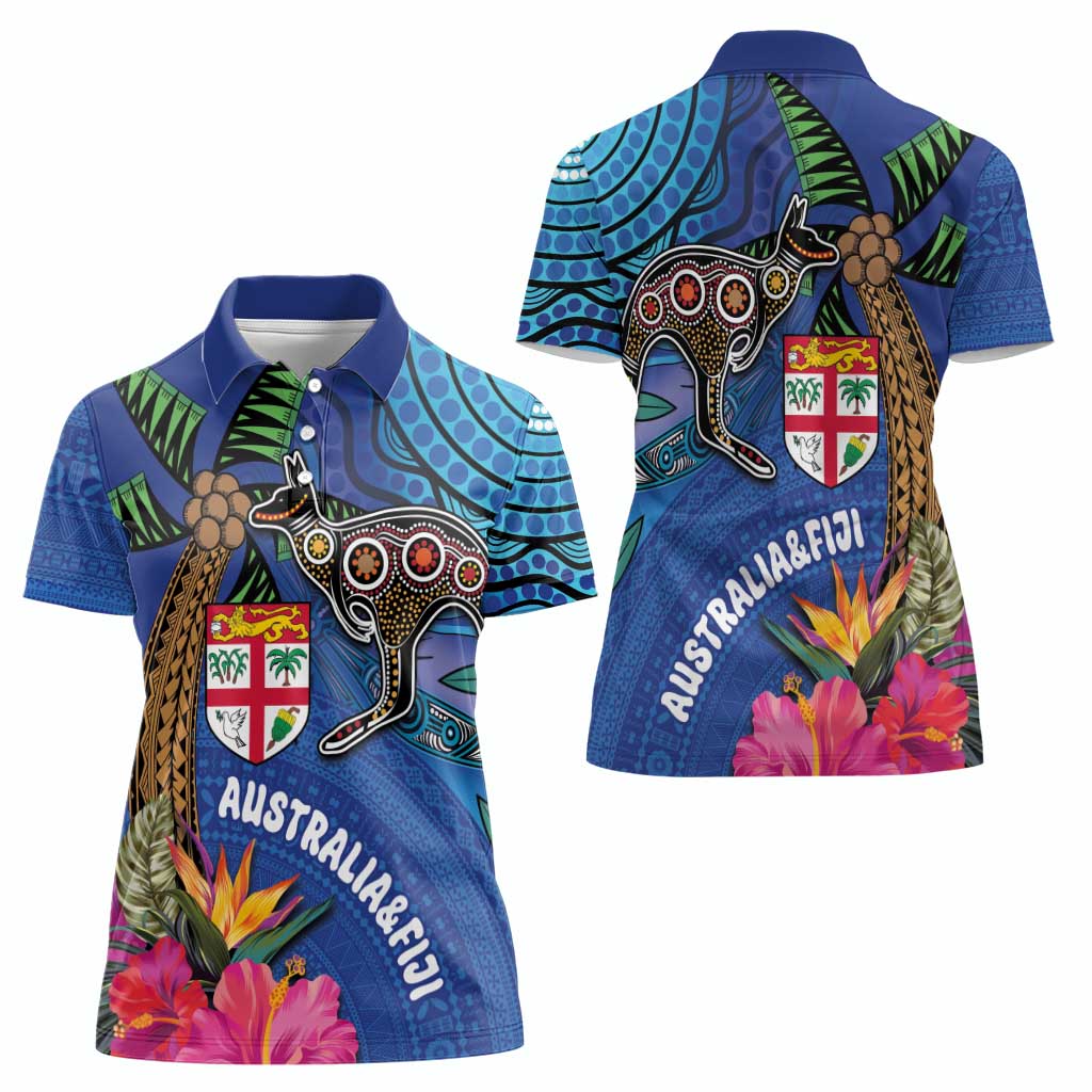 Fiji and Australia Together Women Polo Shirt Aboriginal Kangaroo and Tapa Tribal Hibiscus
