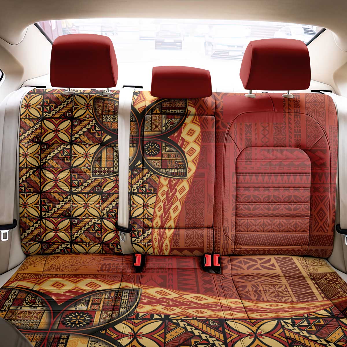 Samoan Pacific Tribal Flower Geometric Art Tattoos Back Car Seat Cover Siapo Pattern Flame Sunset - Polynesian Pride