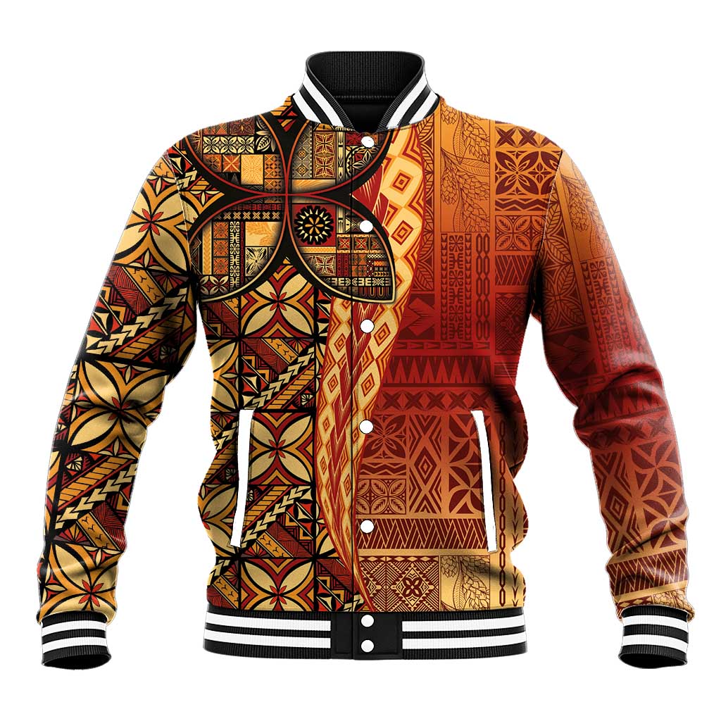 Samoan Pacific Tribal Flower Geometric Art Tattoos Baseball Jacket Siapo Pattern Flame Sunset LT03 Unisex Red - Polynesian Pride