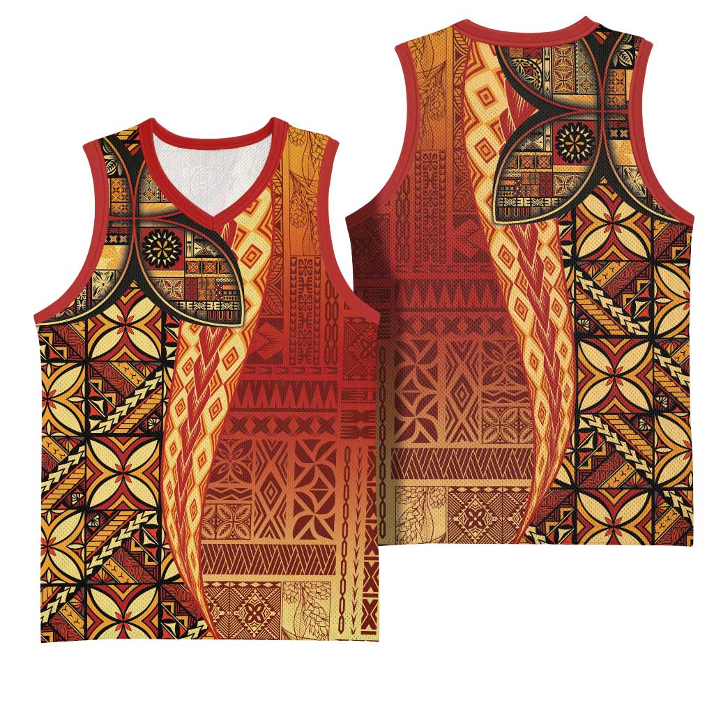 Samoan Pacific Tribal Flower Geometric Art Tattoos Basketball Jersey Siapo Pattern Flame Sunset LT03 - Polynesian Pride