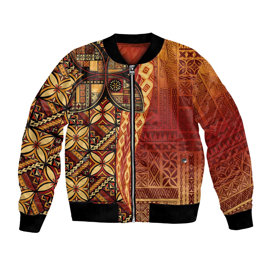 Samoan Pacific Tribal Flower Geometric Art Tattoos Bomber Jacket Siapo Pattern Flame Sunset - Polynesian Pride