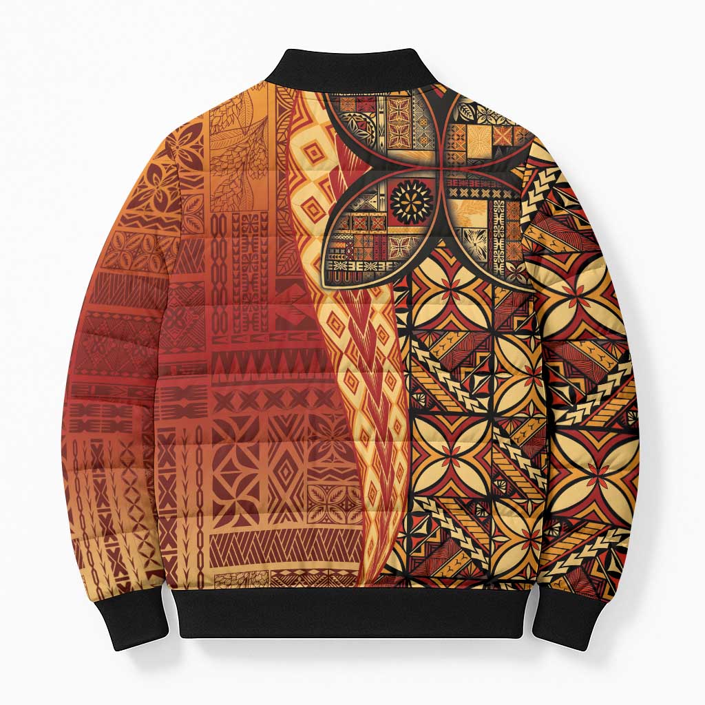 Samoan Pacific Tribal Flower Geometric Art Tattoos Bomber Puffer Jacket Siapo Pattern Flame Sunset LT03 - Polynesian Pride