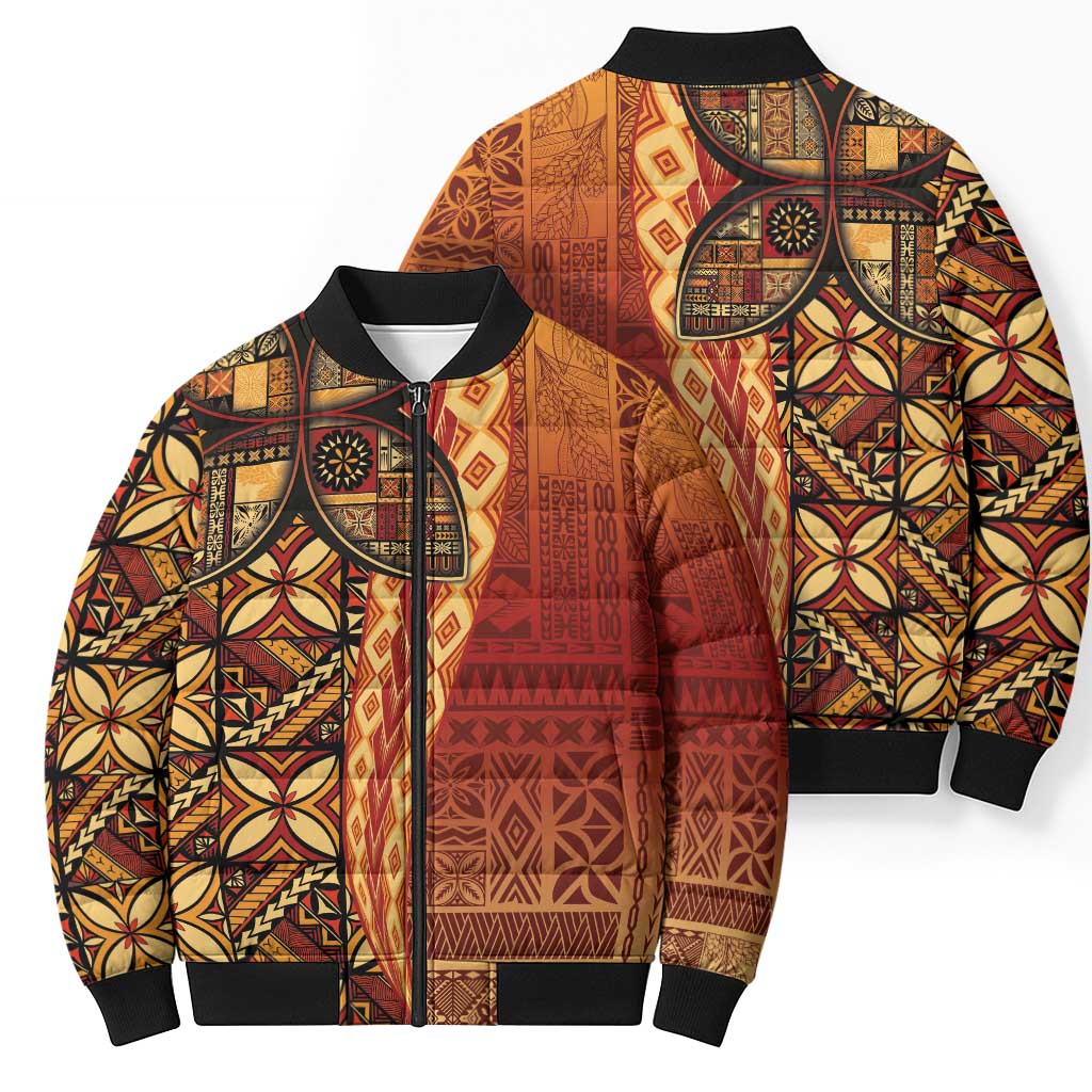 Samoan Pacific Tribal Flower Geometric Art Tattoos Bomber Puffer Jacket Siapo Pattern Flame Sunset LT03 - Polynesian Pride