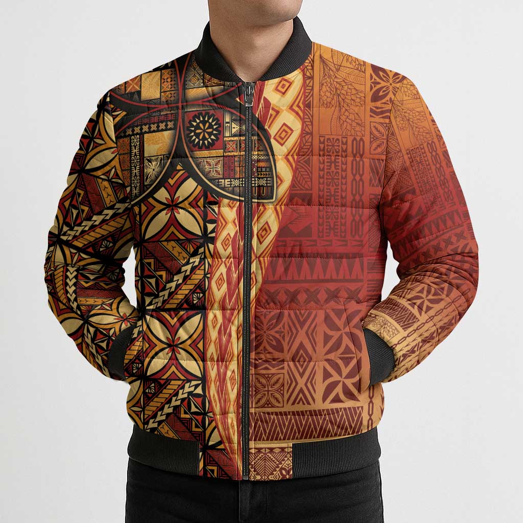Samoan Pacific Tribal Flower Geometric Art Tattoos Bomber Puffer Jacket Siapo Pattern Flame Sunset LT03 - Polynesian Pride