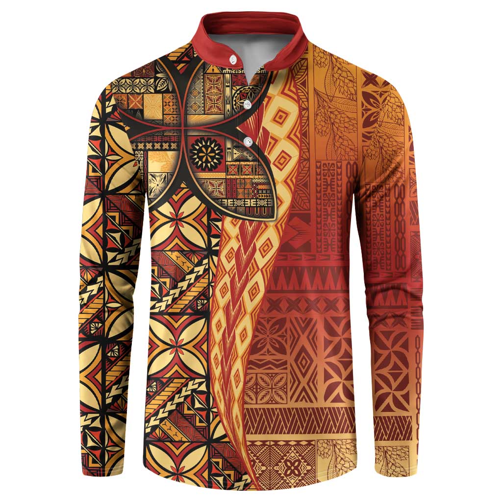 Samoan Pacific Tribal Flower Geometric Art Tattoos Button Sweatshirt Siapo Pattern Flame Sunset LT03 Red - Polynesian Pride