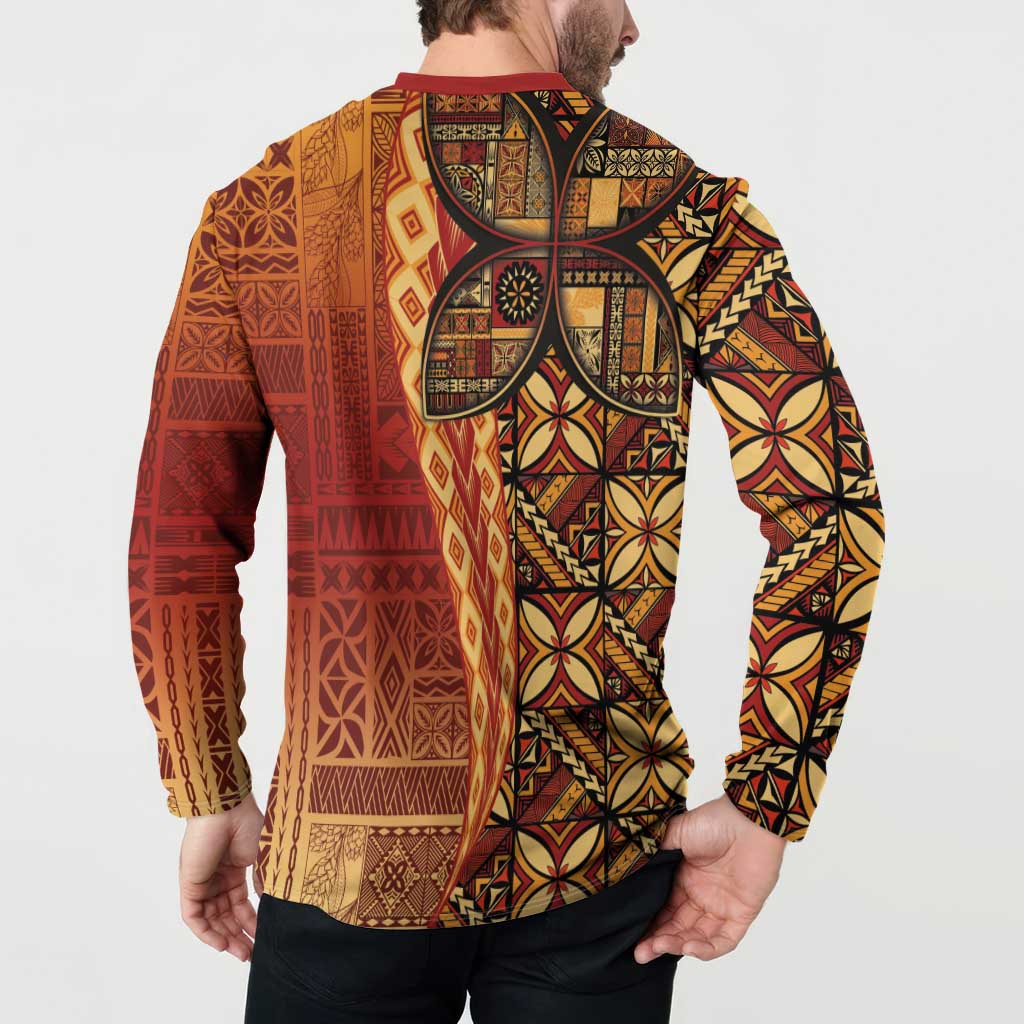 Samoan Pacific Tribal Flower Geometric Art Tattoos Button Sweatshirt Siapo Pattern Flame Sunset LT03 - Polynesian Pride