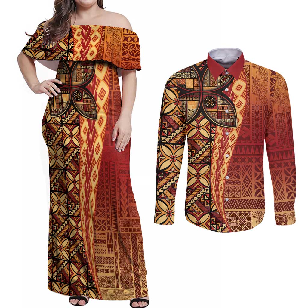 Samoan Pacific Tribal Flower Geometric Art Tattoos Couples Matching Off Shoulder Maxi Dress and Long Sleeve Button Shirt Siapo Pattern Flame Sunset LT03 Red - Polynesian Pride