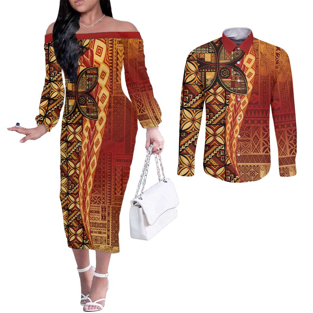 Samoan Pacific Tribal Flower Geometric Art Tattoos Couples Matching Off The Shoulder Long Sleeve Dress and Long Sleeve Button Shirt Siapo Pattern Flame Sunset LT03 Red - Polynesian Pride