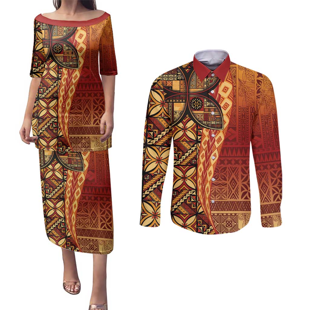 Samoan Pacific Tribal Flower Geometric Art Tattoos Couples Matching Puletasi and Long Sleeve Button Shirt Siapo Pattern Flame Sunset LT03 Red - Polynesian Pride