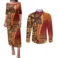 Samoan Pacific Tribal Flower Geometric Art Tattoos Couples Matching Puletasi and Long Sleeve Button Shirt Siapo Pattern Flame Sunset LT03 Red - Polynesian Pride