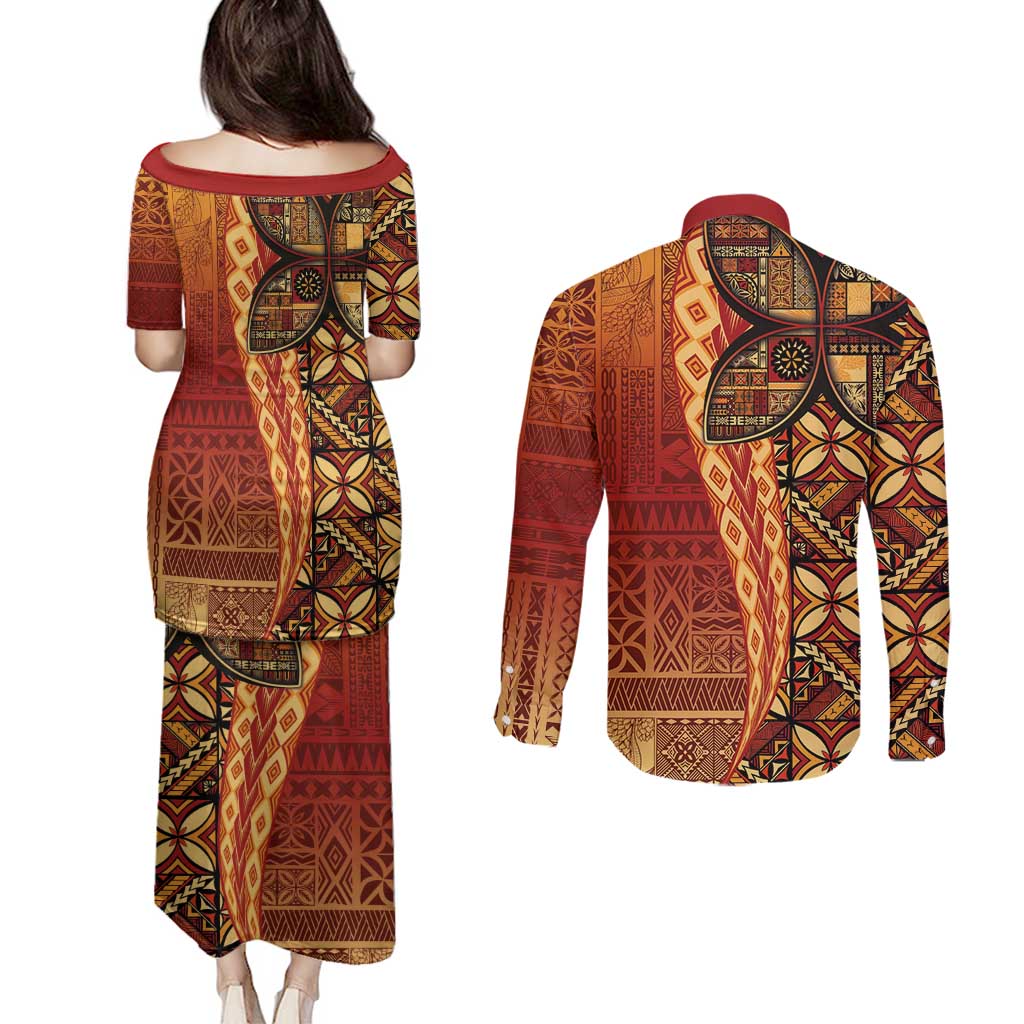 Samoan Pacific Tribal Flower Geometric Art Tattoos Couples Matching Puletasi and Long Sleeve Button Shirt Siapo Pattern Flame Sunset LT03 - Polynesian Pride
