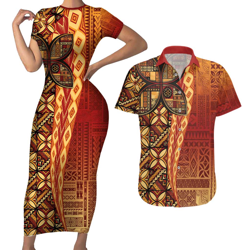 Samoan Pacific Tribal Flower Geometric Art Tattoos Couples Matching Short Sleeve Bodycon Dress and Hawaiian Shirt Siapo Pattern Flame Sunset - Polynesian Pride