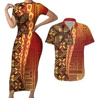 Samoan Pacific Tribal Flower Geometric Art Tattoos Couples Matching Short Sleeve Bodycon Dress and Hawaiian Shirt Siapo Pattern Flame Sunset - Polynesian Pride