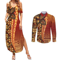 Samoan Pacific Tribal Flower Geometric Art Tattoos Couples Matching Summer Maxi Dress and Long Sleeve Button Shirt Siapo Pattern Flame Sunset LT03 Red - Polynesian Pride