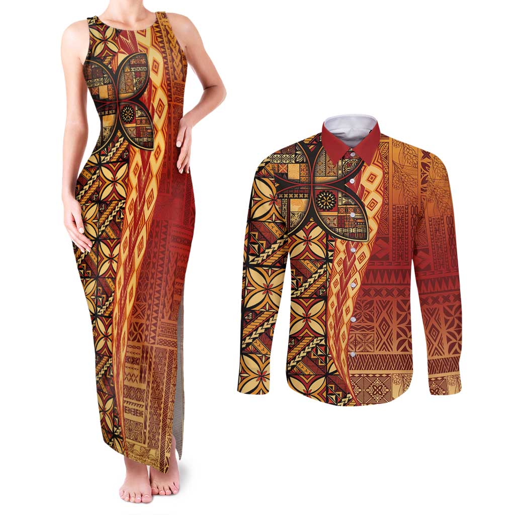 Samoan Pacific Tribal Flower Geometric Art Tattoos Couples Matching Tank Maxi Dress and Long Sleeve Button Shirt Siapo Pattern Flame Sunset LT03 Red - Polynesian Pride