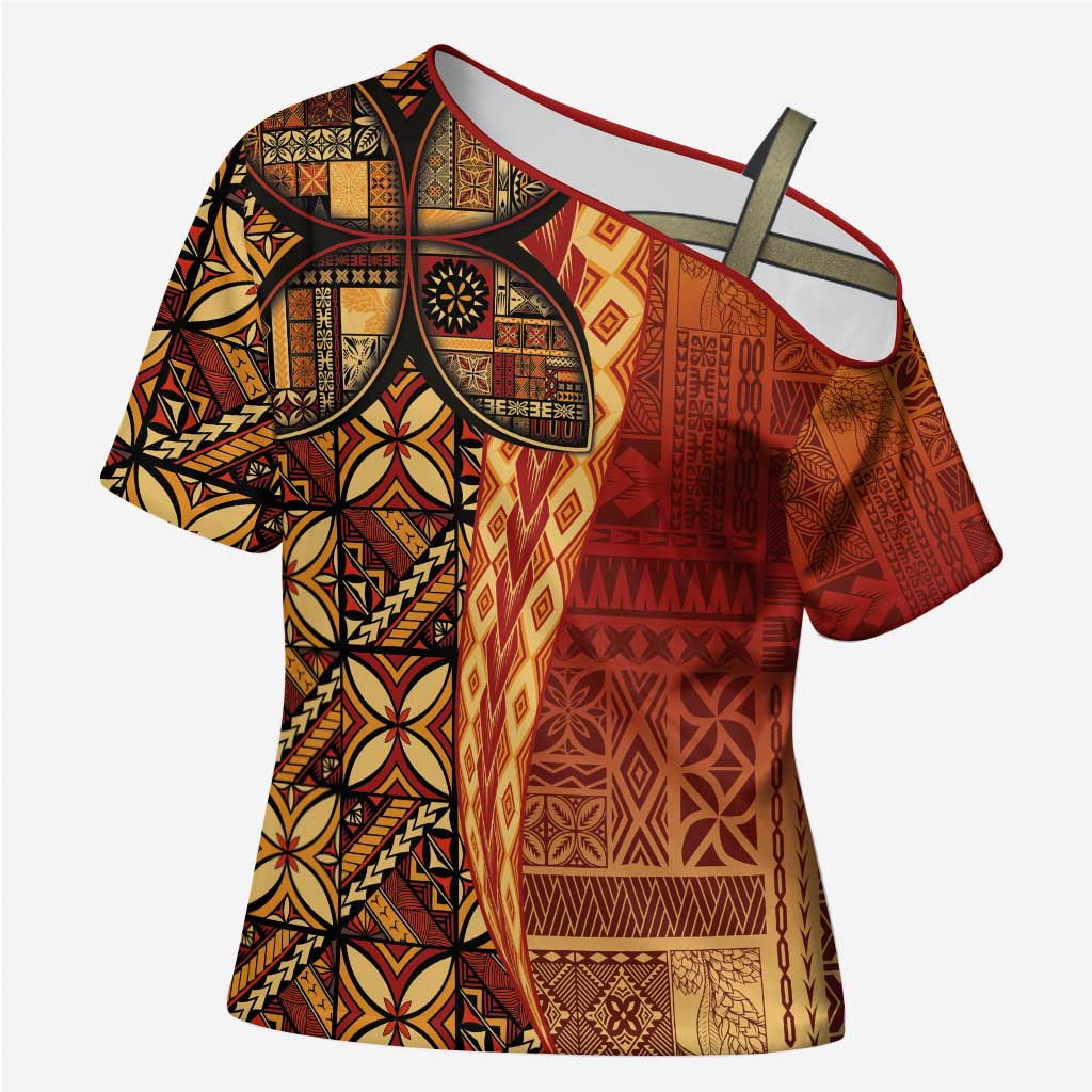 Samoan Pacific Tribal Flower Geometric Art Tattoos Cross Shoulder Shirt Siapo Pattern Flame Sunset - Polynesian Pride