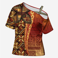 Samoan Pacific Tribal Flower Geometric Art Tattoos Cross Shoulder Shirt Siapo Pattern Flame Sunset LT03 Female Red - Polynesian Pride