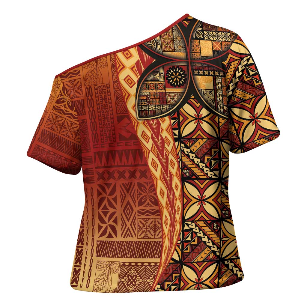 Samoan Pacific Tribal Flower Geometric Art Tattoos Cross Shoulder Shirt Siapo Pattern Flame Sunset LT03 - Polynesian Pride