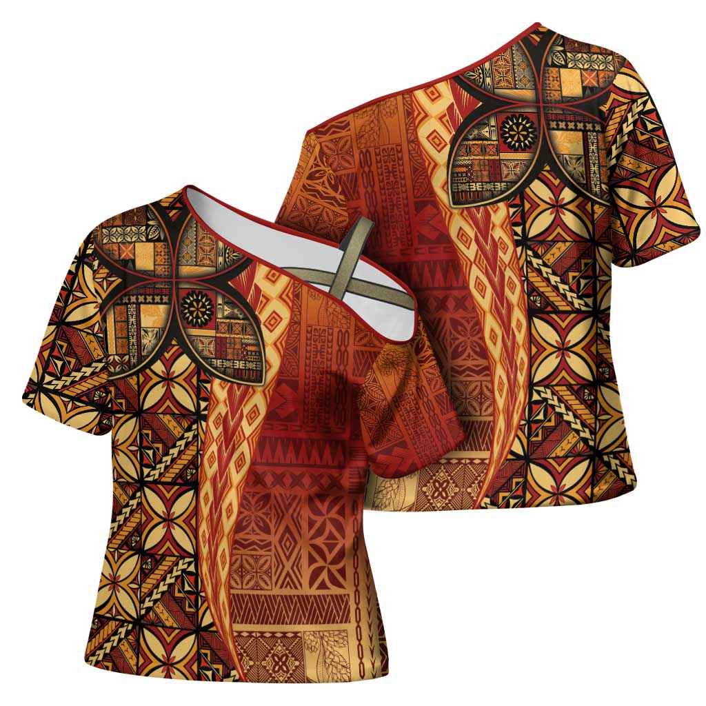 Samoan Pacific Tribal Flower Geometric Art Tattoos Cross Shoulder Shirt Siapo Pattern Flame Sunset LT03 - Polynesian Pride