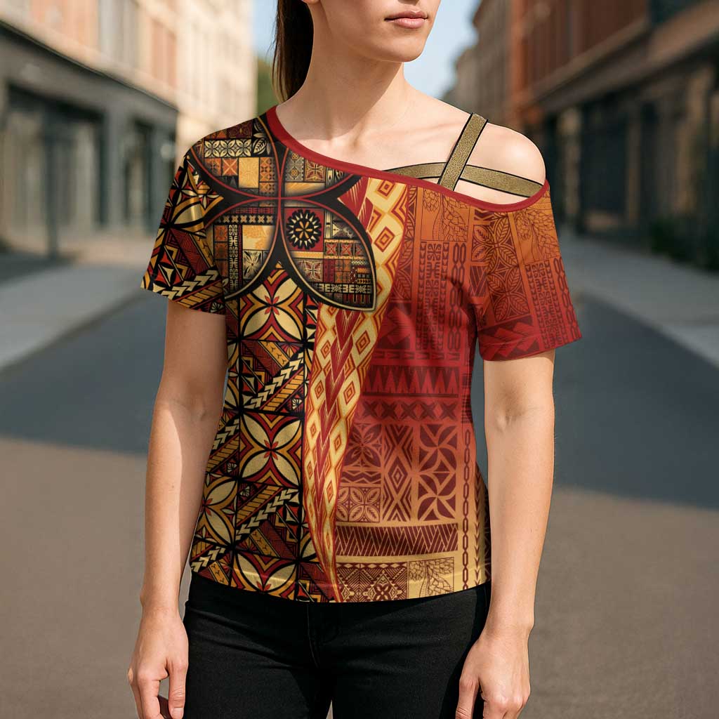 Samoan Pacific Tribal Flower Geometric Art Tattoos Cross Shoulder Shirt Siapo Pattern Flame Sunset LT03 - Polynesian Pride