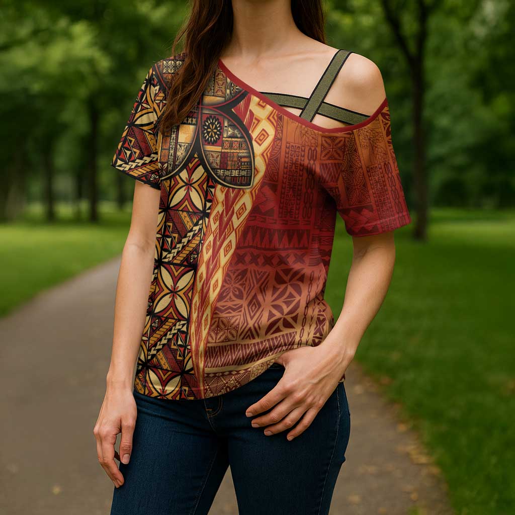 Samoan Pacific Tribal Flower Geometric Art Tattoos Cross Shoulder Shirt Siapo Pattern Flame Sunset LT03 - Polynesian Pride