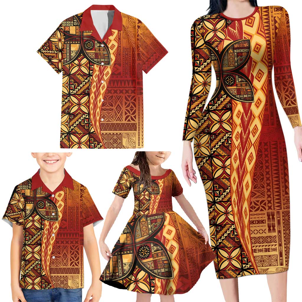 Samoan Pacific Tribal Flower Geometric Art Tattoos Family Matching Long Sleeve Bodycon Dress and Hawaiian Shirt Siapo Pattern Flame Sunset - Polynesian Pride