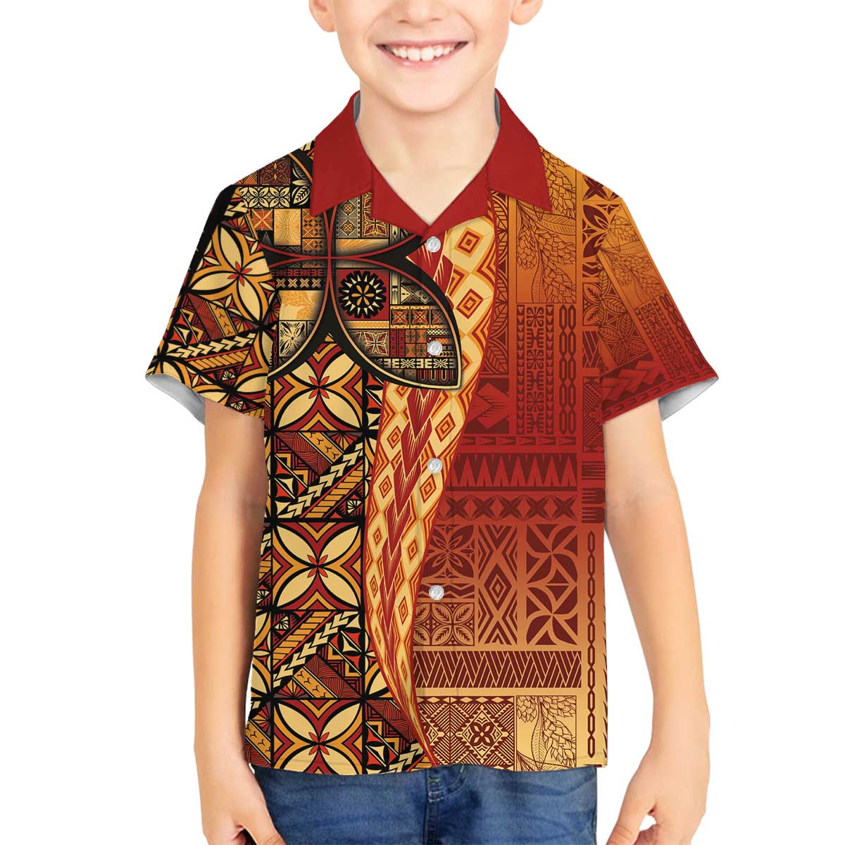 Samoan Pacific Tribal Flower Geometric Art Tattoos Family Matching Off The Shoulder Long Sleeve Dress and Hawaiian Shirt Siapo Pattern Flame Sunset - Polynesian Pride