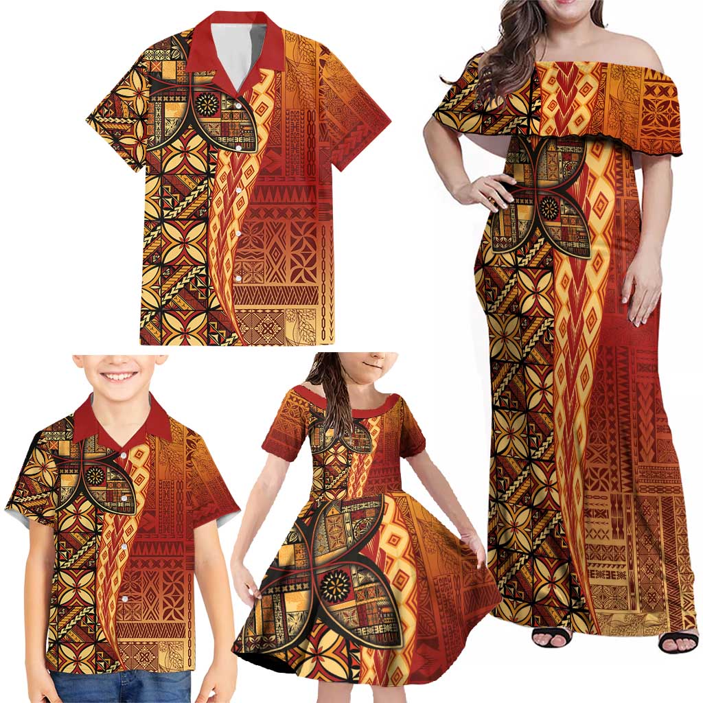 Samoan Pacific Tribal Flower Geometric Art Tattoos Family Matching Off Shoulder Maxi Dress and Hawaiian Shirt Siapo Pattern Flame Sunset - Polynesian Pride