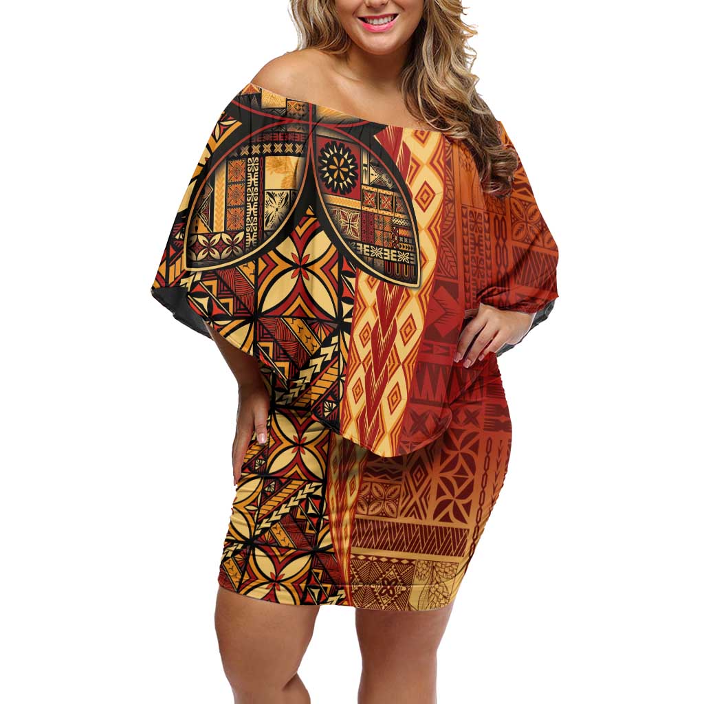 Samoan Pacific Tribal Flower Geometric Art Tattoos Family Matching Off Shoulder Short Dress and Hawaiian Shirt Siapo Pattern Flame Sunset - Polynesian Pride