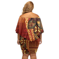 Samoan Pacific Tribal Flower Geometric Art Tattoos Family Matching Off Shoulder Short Dress and Hawaiian Shirt Siapo Pattern Flame Sunset - Polynesian Pride