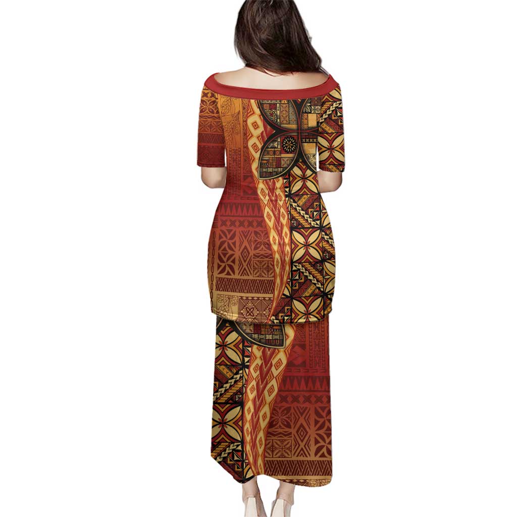 Samoan Pacific Tribal Flower Geometric Art Tattoos Family Matching Puletasi and Hawaiian Shirt Siapo Pattern Flame Sunset - Polynesian Pride