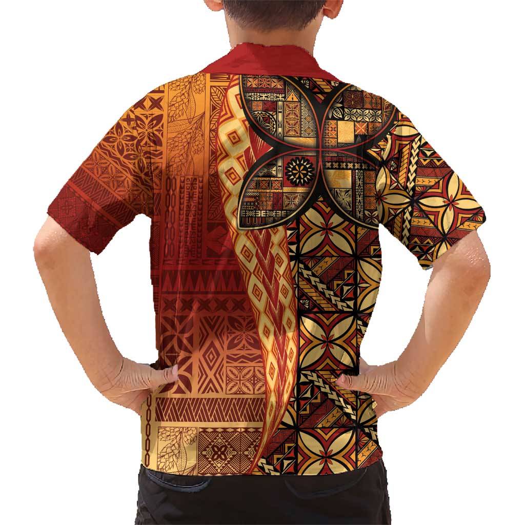 Samoan Pacific Tribal Flower Geometric Art Tattoos Family Matching Short Sleeve Bodycon Dress and Hawaiian Shirt Siapo Pattern Flame Sunset - Polynesian Pride
