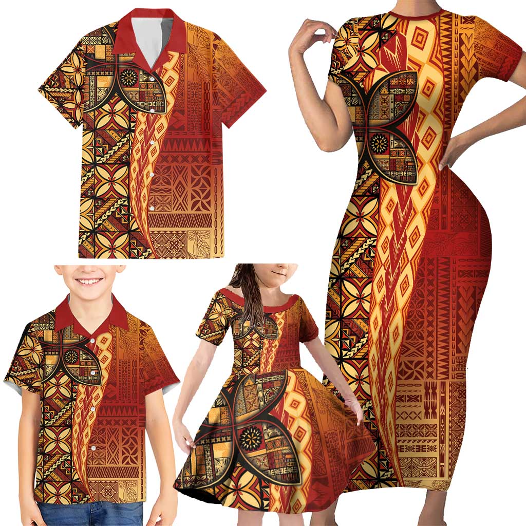 Samoan Pacific Tribal Flower Geometric Art Tattoos Family Matching Short Sleeve Bodycon Dress and Hawaiian Shirt Siapo Pattern Flame Sunset - Polynesian Pride