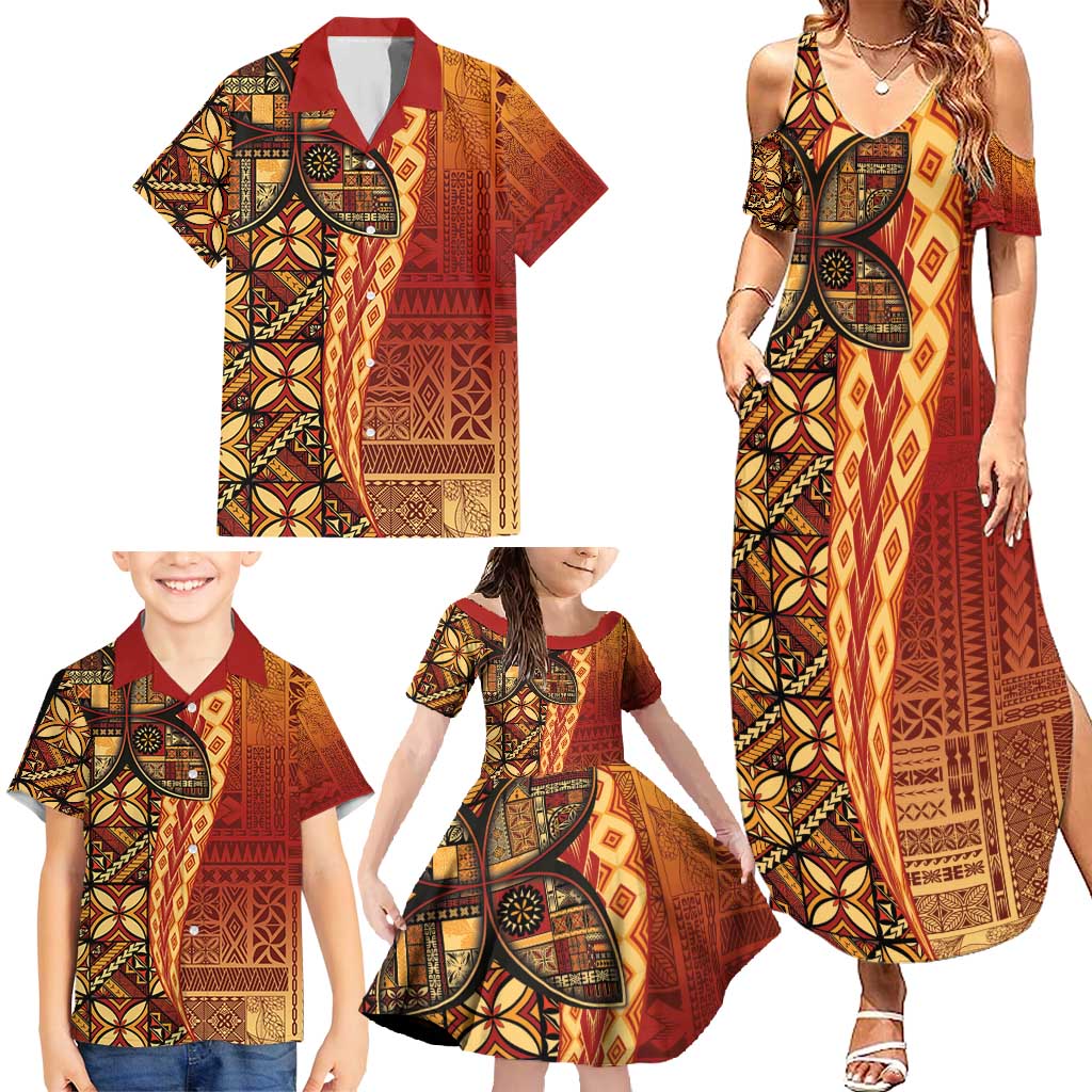 Samoan Pacific Tribal Flower Geometric Art Tattoos Family Matching Summer Maxi Dress and Hawaiian Shirt Siapo Pattern Flame Sunset - Polynesian Pride