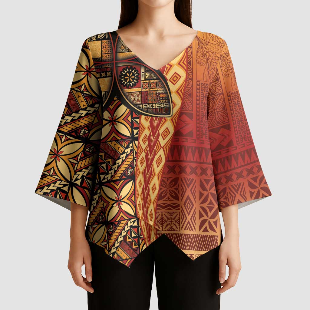 Samoan Pacific Tribal Flower Geometric Art Tattoos Kimono Sleeve Blouse Siapo Pattern Flame Sunset - Polynesian Pride