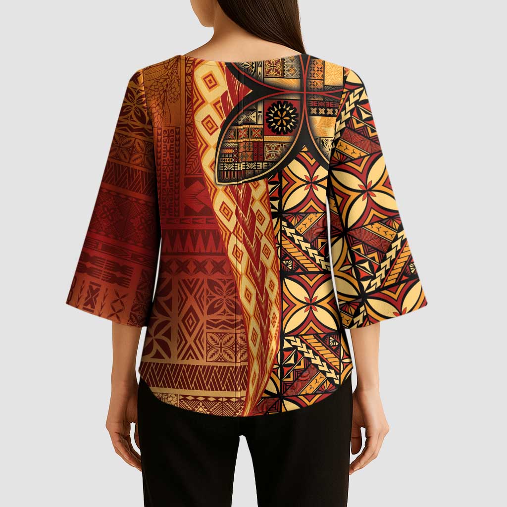 Samoan Pacific Tribal Flower Geometric Art Tattoos Kimono Sleeve Blouse Siapo Pattern Flame Sunset - Polynesian Pride