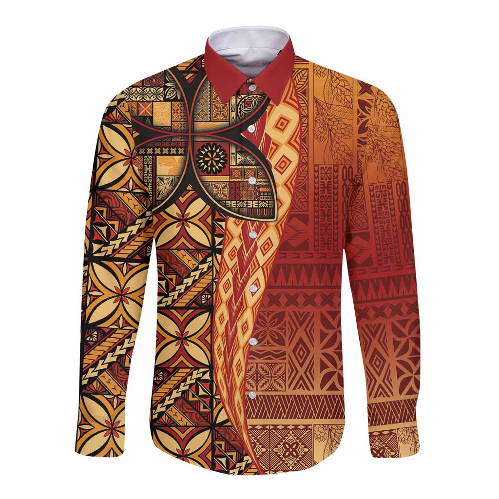 Samoan Pacific Tribal Flower Geometric Art Tattoos Long Sleeve Button Shirt Siapo Pattern Flame Sunset LT03 Unisex Red - Polynesian Pride