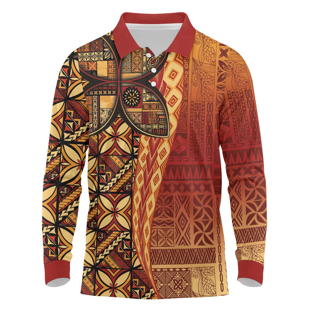 Samoan Pacific Tribal Flower Geometric Art Tattoos Long Sleeve Polo Shirt Siapo Pattern Flame Sunset LT03 Red - Polynesian Pride