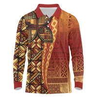 Samoan Pacific Tribal Flower Geometric Art Tattoos Long Sleeve Polo Shirt Siapo Pattern Flame Sunset LT03 Red - Polynesian Pride