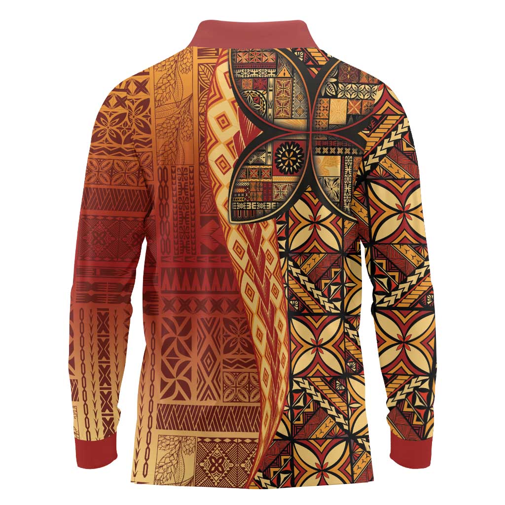 Samoan Pacific Tribal Flower Geometric Art Tattoos Long Sleeve Polo Shirt Siapo Pattern Flame Sunset LT03 - Polynesian Pride