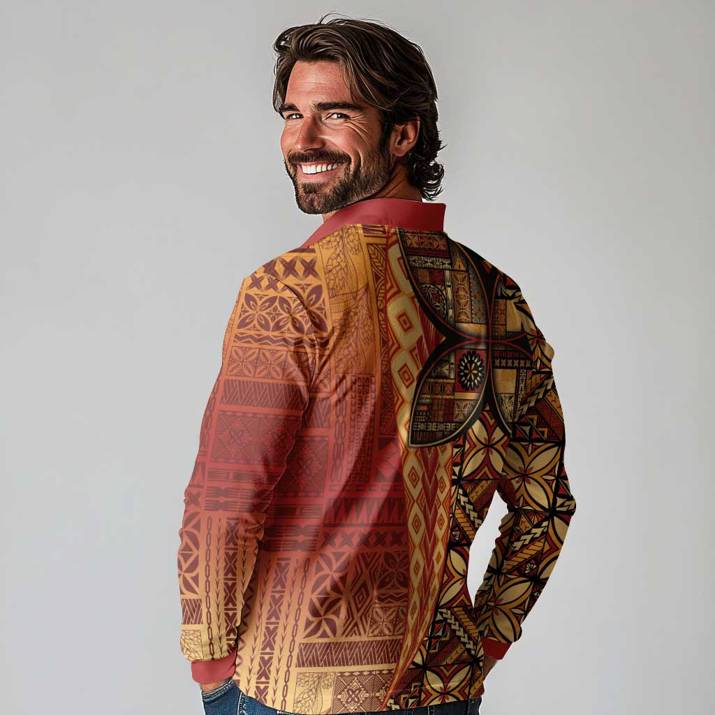 Samoan Pacific Tribal Flower Geometric Art Tattoos Long Sleeve Polo Shirt Siapo Pattern Flame Sunset LT03 - Polynesian Pride