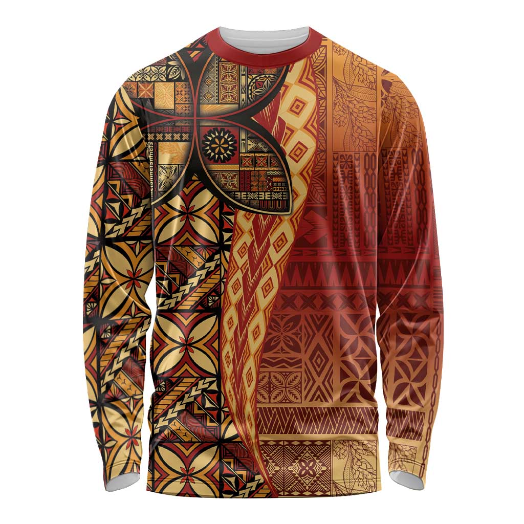 Samoan Pacific Tribal Flower Geometric Art Tattoos Long Sleeve Shirt Siapo Pattern Flame Sunset LT03 Unisex Red - Polynesian Pride