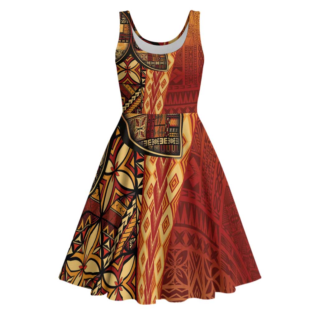 Samoan Pacific Tribal Flower Geometric Art Tattoos Midi Dress Siapo Pattern Flame Sunset - Polynesian Pride