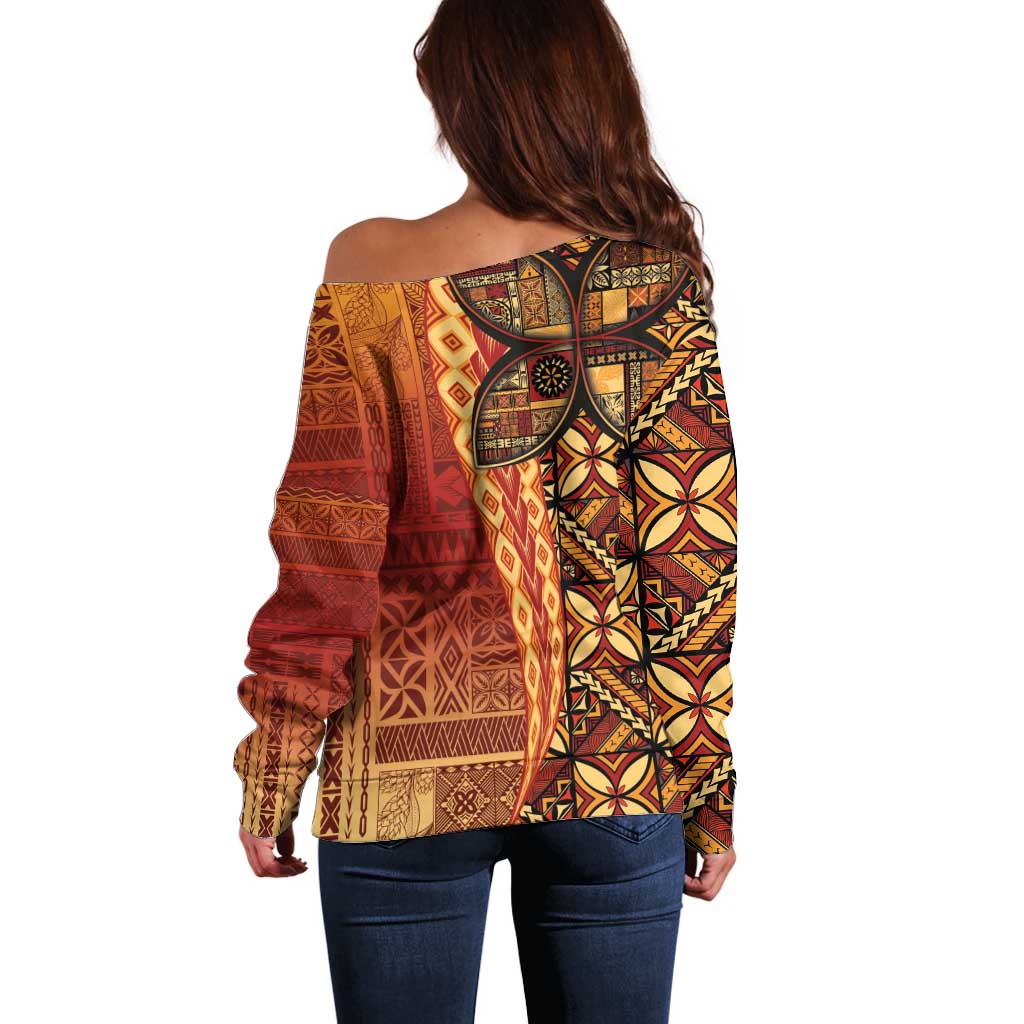 Samoan Pacific Tribal Flower Geometric Art Tattoos Off Shoulder Sweater Siapo Pattern Flame Sunset - Polynesian Pride