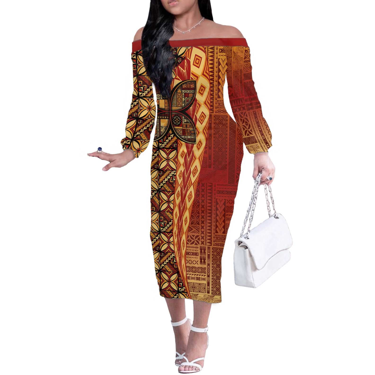 Samoan Pacific Tribal Flower Geometric Art Tattoos Off The Shoulder Long Sleeve Dress Siapo Pattern Flame Sunset - Polynesian Pride