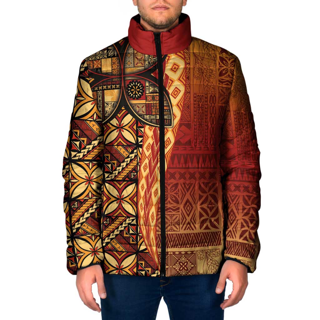 Samoan Pacific Tribal Flower Geometric Art Tattoos Padded Jacket Siapo Pattern Flame Sunset LT03 Red - Polynesian Pride